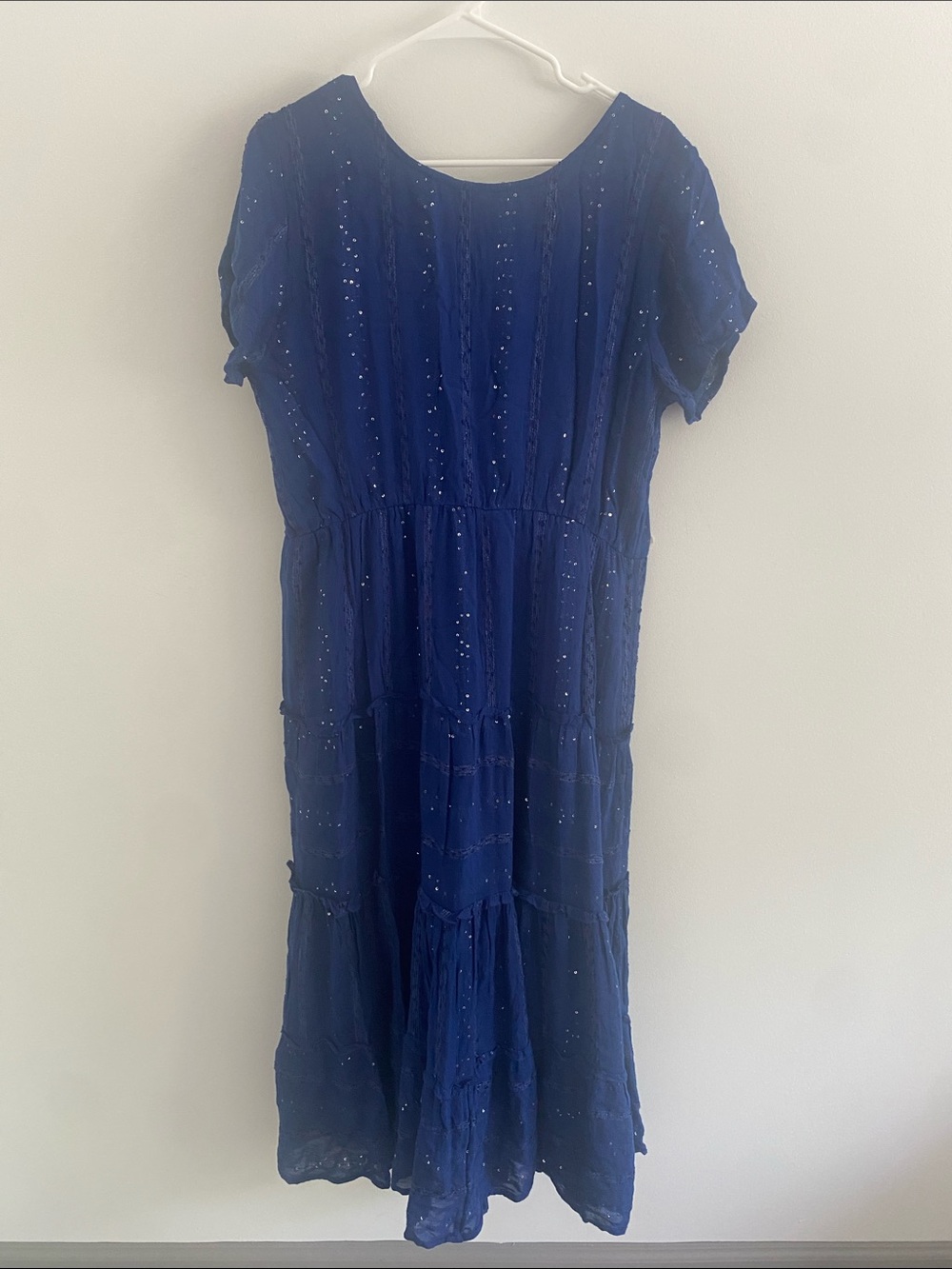 Soft Surroundings Kara Shimmer Sequined Tiered S/S Maxi Dress Blue Size LARGE - Picture 8 of 9